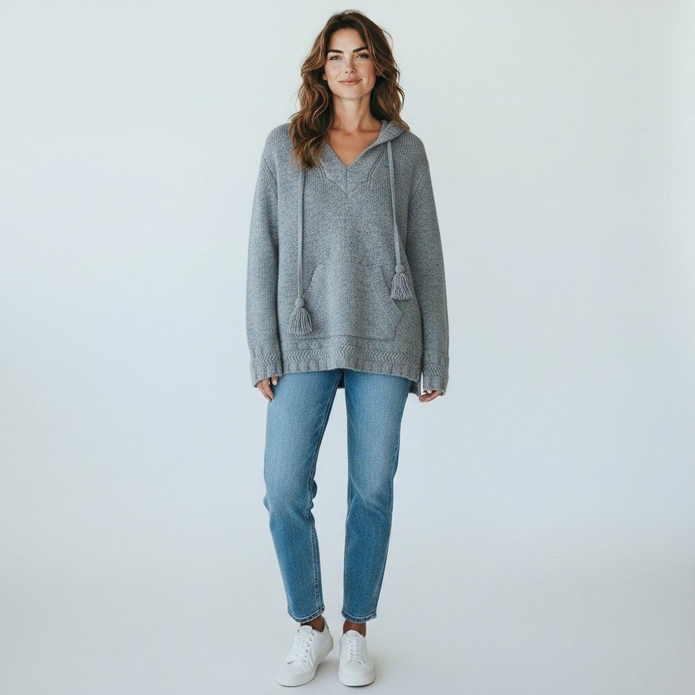 Faherty Women 100% Cashmere Tassel Hoodie Sweater blue Knit V-Neck XS Boho